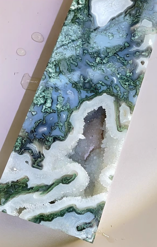 Natural Blue Moss Agate Tower with unique geode cavity and moss-like inclusions