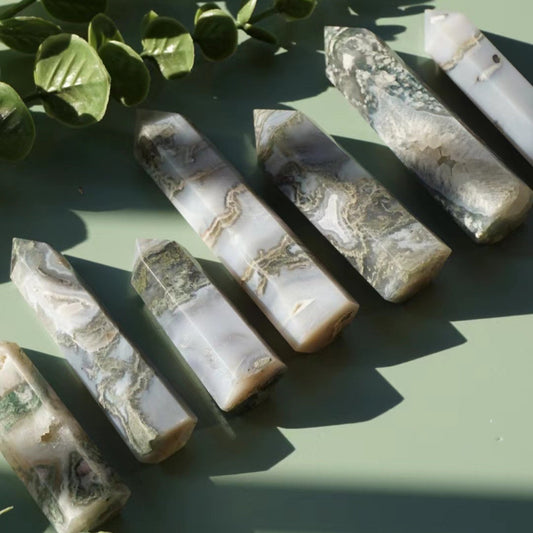 Natural Blue Moss Agate Tower with forest-like inclusions for abundance and healing