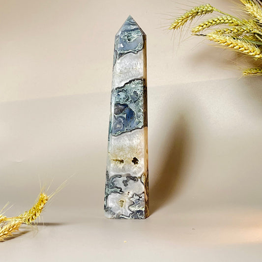 Natural Blue Moss Agate Crystal Tower with Unique Earth Patterns