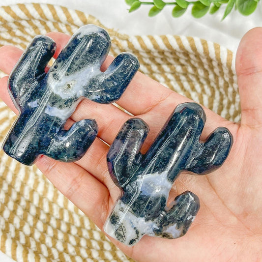 Natural blue sodalite crystal cactus carving with white veins
