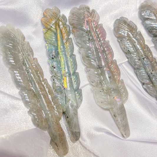 Carved Labradorite Crystal Feathers with Blue Green Iridescence