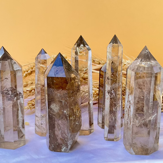 Natural citrine smoky quartz crystal tower with golden to brown gradient