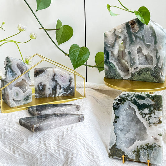 Premium Druzy Moss Agate Free Form with natural green and white patterns