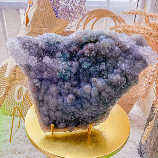 Natural Galaxy Amethyst Cluster with Cosmic Blue Green Inclusions on Gold Stand