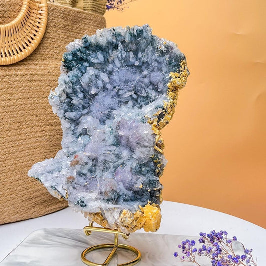 Natural Galaxy Amethyst crystal cluster with vibrant purple and golden formations