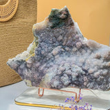 Natural Galaxy Amethyst Crystal Cluster with Purple Cosmic Patterns on Display Stand
