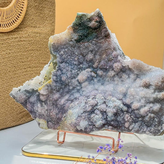 Natural Galaxy Amethyst Crystal Cluster with Purple Cosmic Patterns on Display Stand