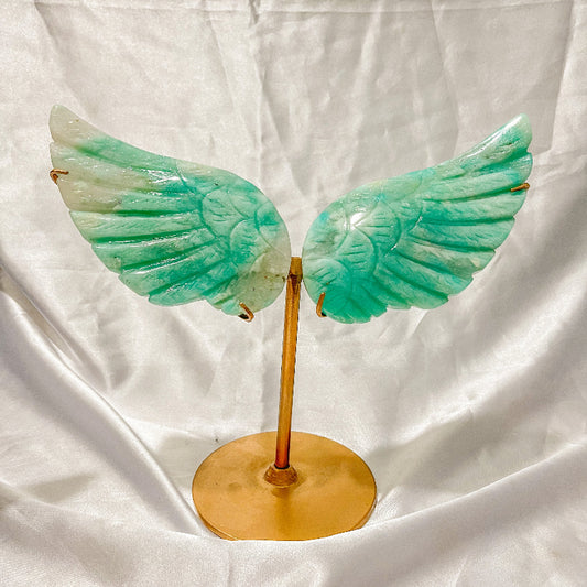 Handcrafted Green Crystal Angel Wings on Golden Stand for Spiritual Healing and Home Decor