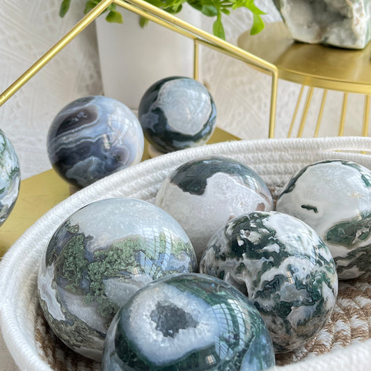 Natural Green Moss Agate Sphere Crystal with Forest Patterns