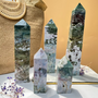 Natural moss agate crystal point tower with green earth patterns for healing