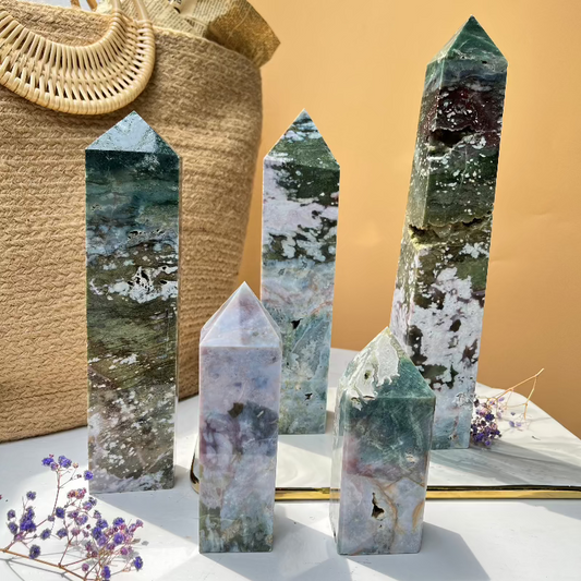Natural moss agate crystal point tower with green earth patterns for healing
