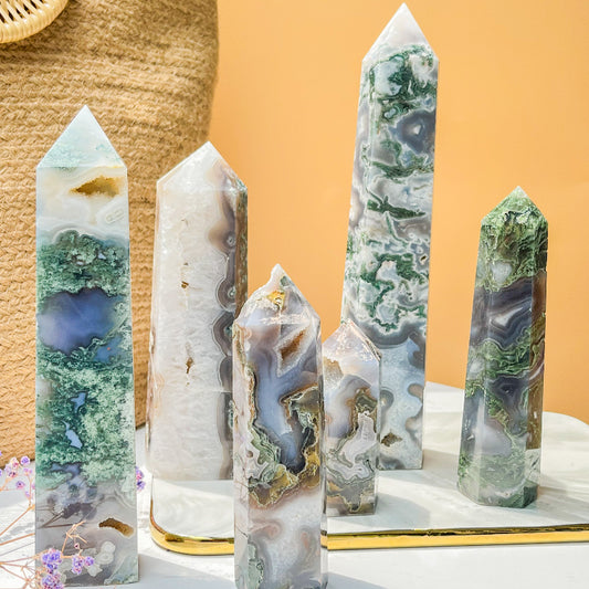 Premium wholesale moss agate crystal point for healing and prosperity