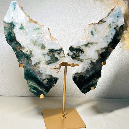Premium moss agate crystal wings on elegant gold stand wholesale crystal healing stone