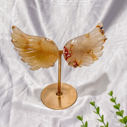 Natural agate crystal wings on bronze stand for healing and decoration