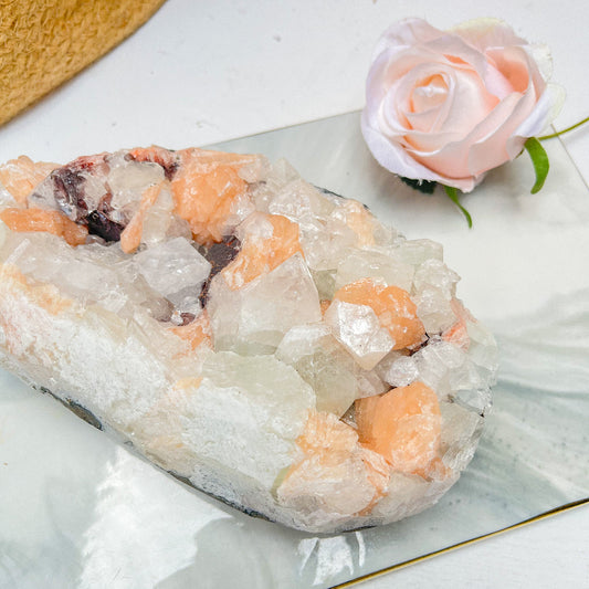 Premium natural apophyllite crystal cluster with peach and clear formations for wholesale crystal suppliers