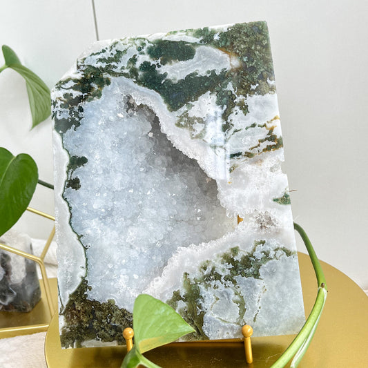 Natural Druzy Moss Agate Free Form Crystal with Green Inclusions