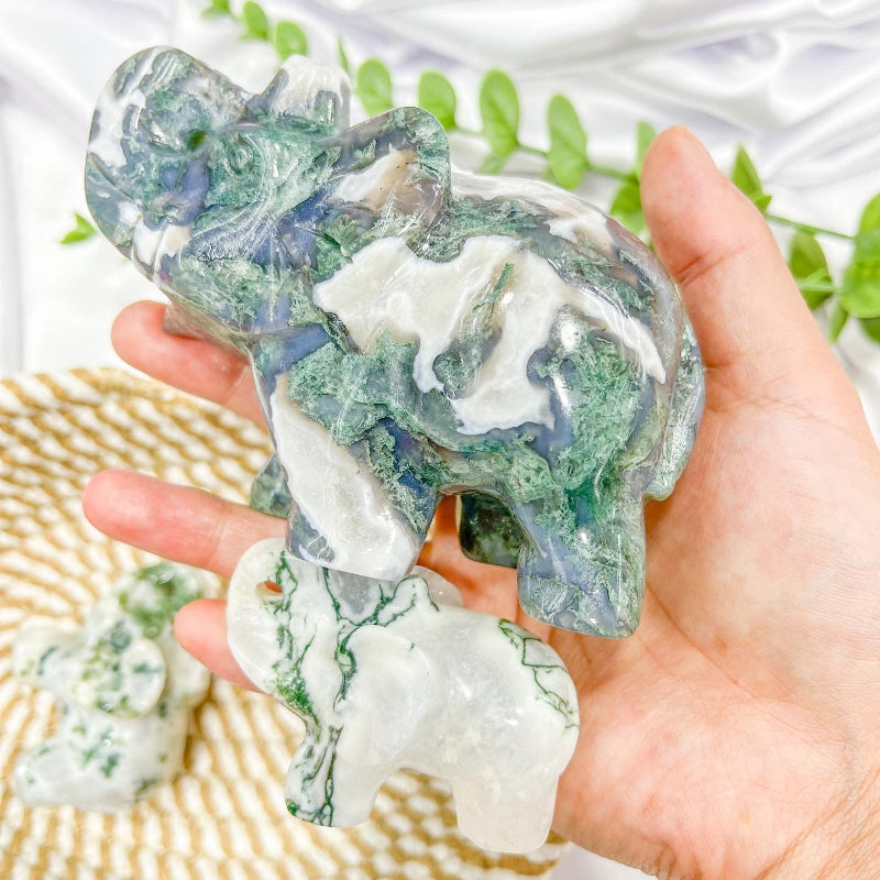 Handcrafted Green Moss Agate Elephant Carving with Natural Forest Pattern
