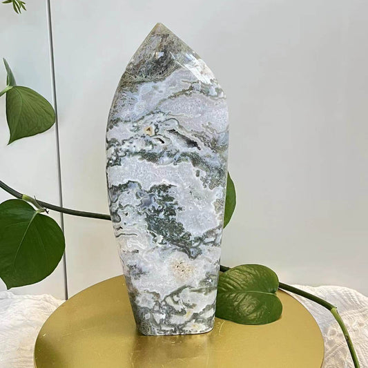 Natural Montana Moss Agate Tower Point Crystal with Forest-like Patterns