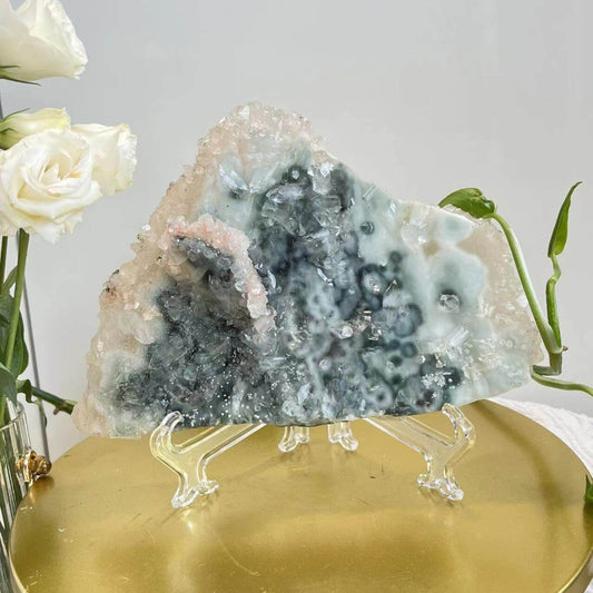 Natural Ocean Blue Apophyllite Crystal Slice on Display Stand
