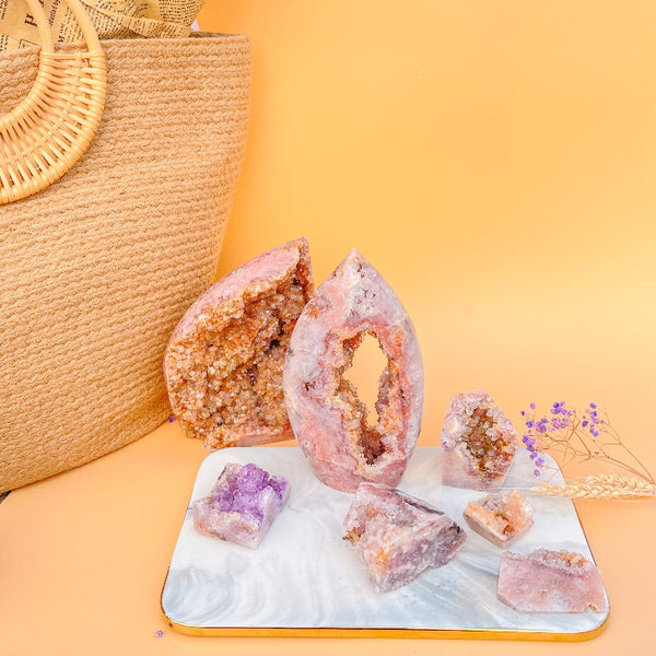 Close-up of pink amethyst druzy crystal showing detailed quartz formation
