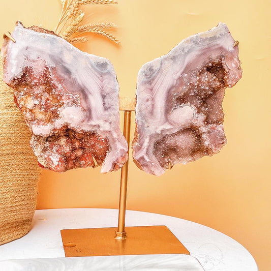 Natural druzy pink amethyst crystal wings on gold display stand
