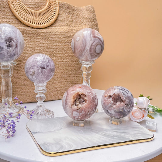 Pink Amethyst Flower Agate Sphere with unique floral patterns for crystal healing