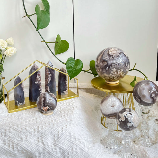 Natural Black Flower Agate Crystal Sphere with Unique Floral Patterns