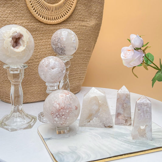 Premium Flower Agate Sphere with Pink Flowery Patterns for Crystal Healing and Home Decor