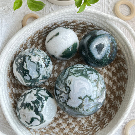 Premium Green Moss Agate Sphere with Natural Forest-Like Inclusions