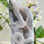 Premium moss agate druzy free form crystal cluster with green inclusions