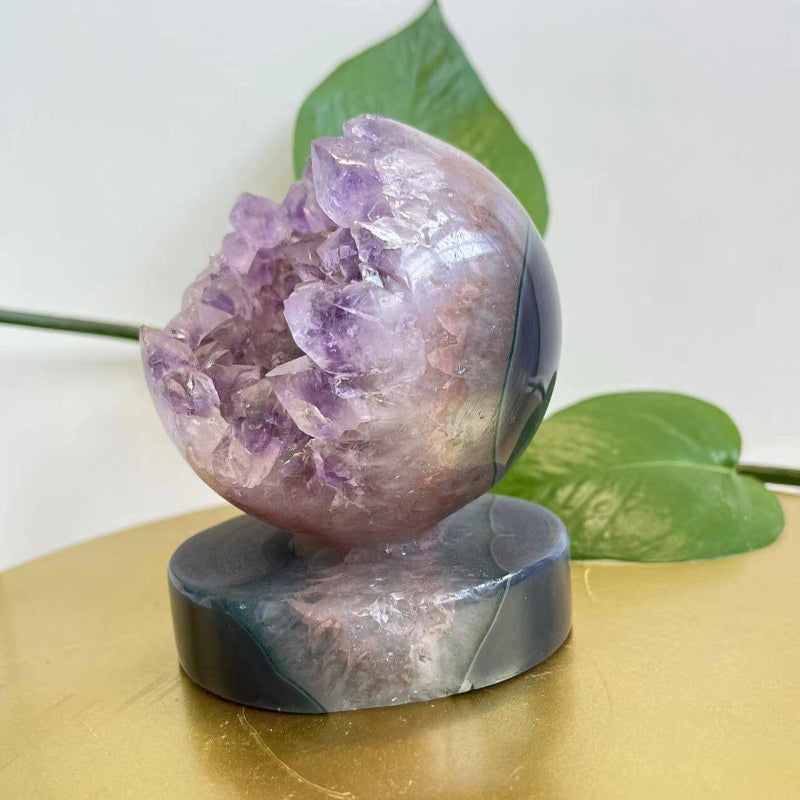 Natural Druzy Amethyst Crystal Geode with Dark Stone Stand
