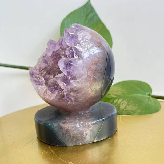 Natural Druzy Amethyst Crystal Geode with Dark Stone Stand