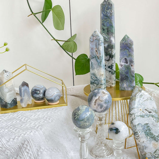 Natural Moss Agate Crystal Tower and Sphere with Green Inclusions