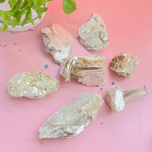 Raw Green Mica Crystal Specimen with Layered Structure and Golden Green Shimmer